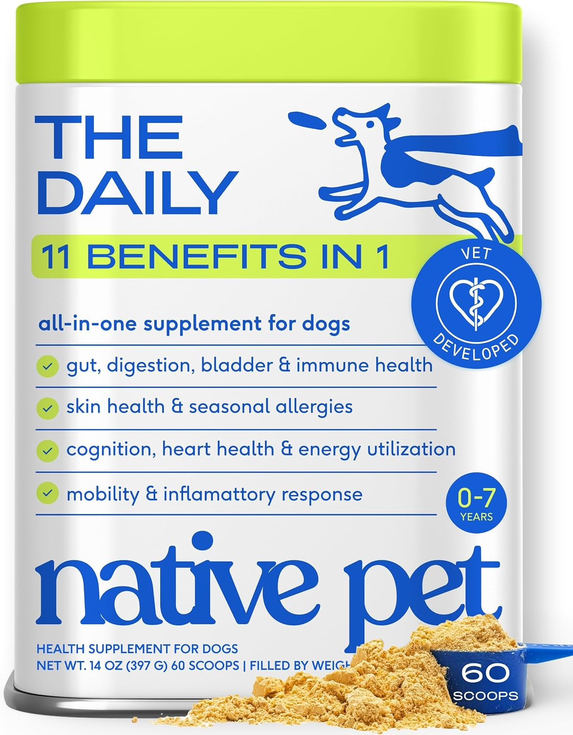 Native Pet The Daily Dog Vitamins & Supplements - 11-in-1 Multivitamin for Dogs - Daily Powder Supplement with Probiotics, Collagen - 60 Scoops | Amazon (US)