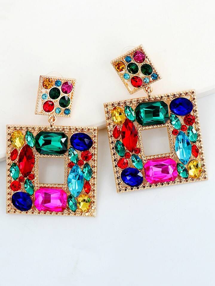 Random Color Rhinestone Decor Square Drop Earrings | SHEIN