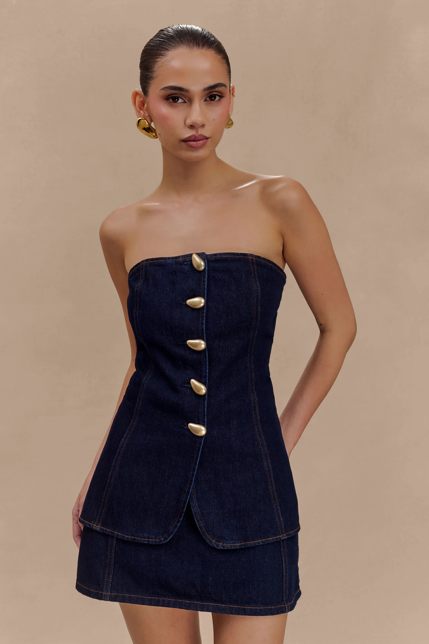 Lennox Strapless Long Line Button Top - Indigo Blue | Meshki (APAC)