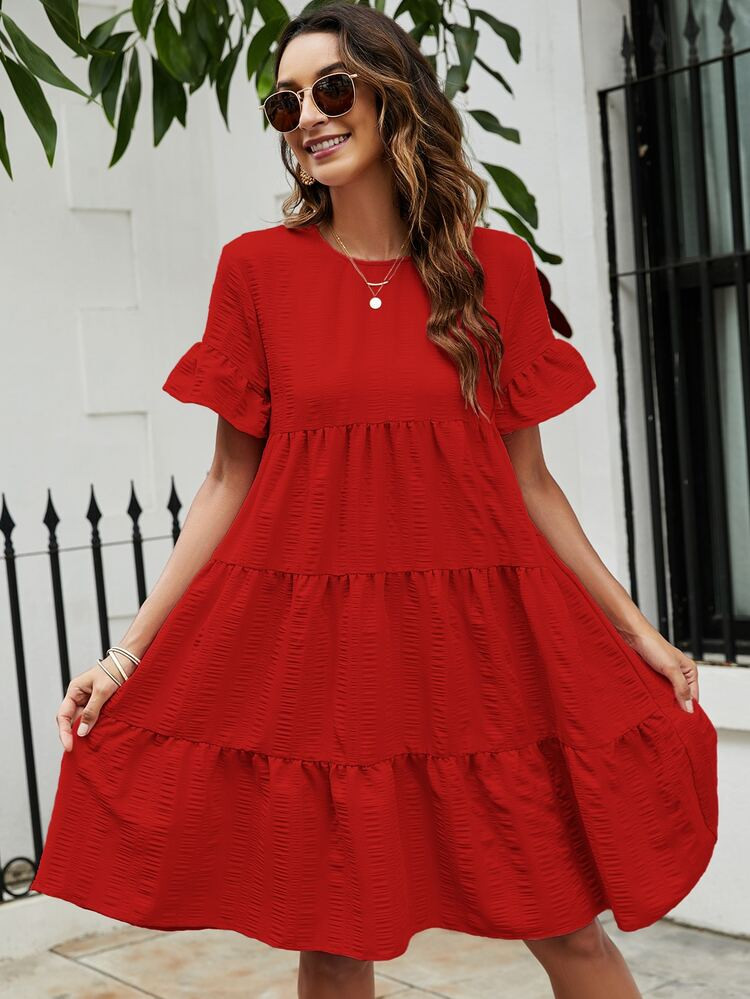 Solid Flounce Sleeve Smock Dress | SHEIN