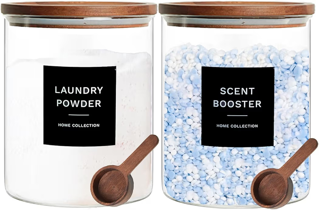 Glass Laundry Storage Containers with Acacia Lids and Scoops, Laundry Jars | Amazon (US)