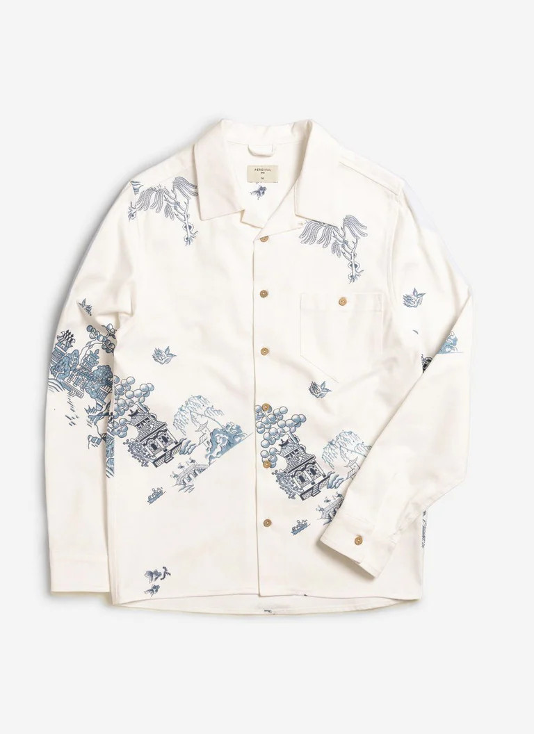 Blue Willow Long Sleeve Cuban Shirt | White | Percival Menswear