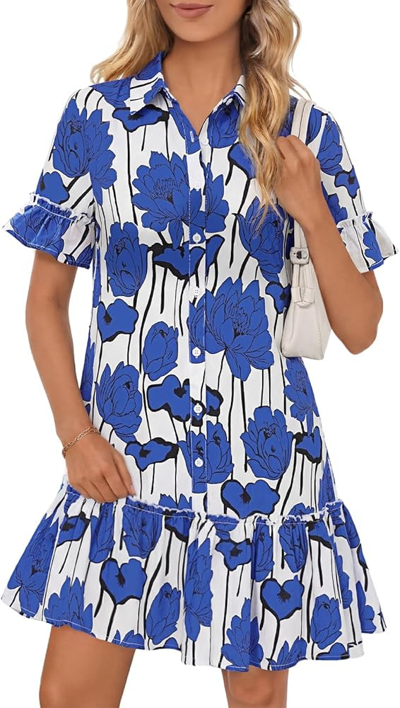MEROKEETY Women's 2026 Summer Casual Shirt Dress Button Down Ruffle Sleeve Shift Mini Dresses wit... | Amazon (US)