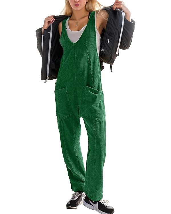 Omoone High Roller Corduroy Overalls for Women V Neck Sleeveless Cord Jumpsuits One Piece Onesie ... | Amazon (US)