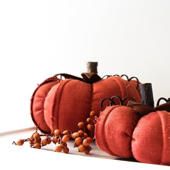Burnt Orange Linen Pumpkins, Fabric + Leather Leaves, Fall Decorations, Fall Farmhouse Decor, Fal... | Etsy (US)