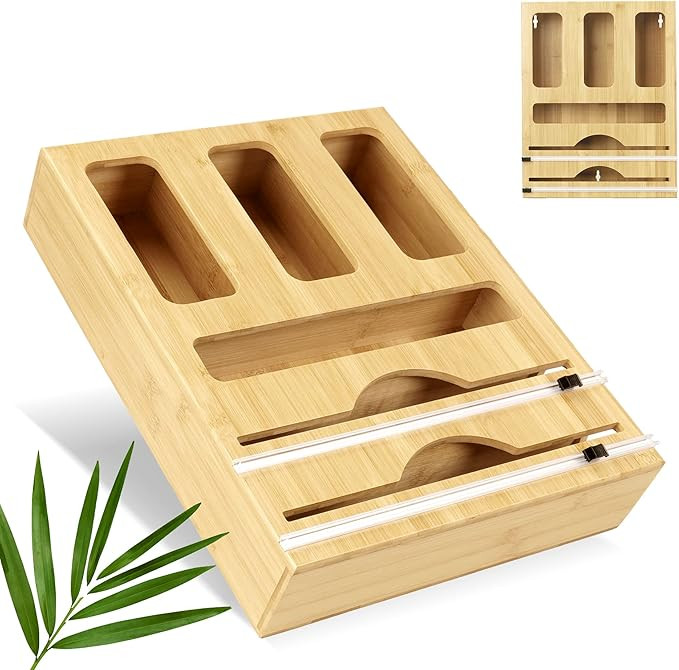 【2022-NEW】Kitchen Foil and Plastic Wrap Organizer with Bamboo Ziplock Bag Storage Organizer, ... | Amazon (US)
