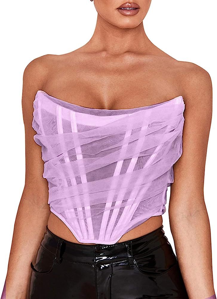 FEOYA Women's Sexy Strapless Bustier Mesh Open Back Boned Corset Crop Top | Amazon (US)