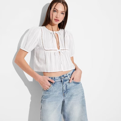Women's Puff Sleeve Flyaway Blouse - Wild Fable™ White XXS: Casual Knit Short Sleeve Top | Target