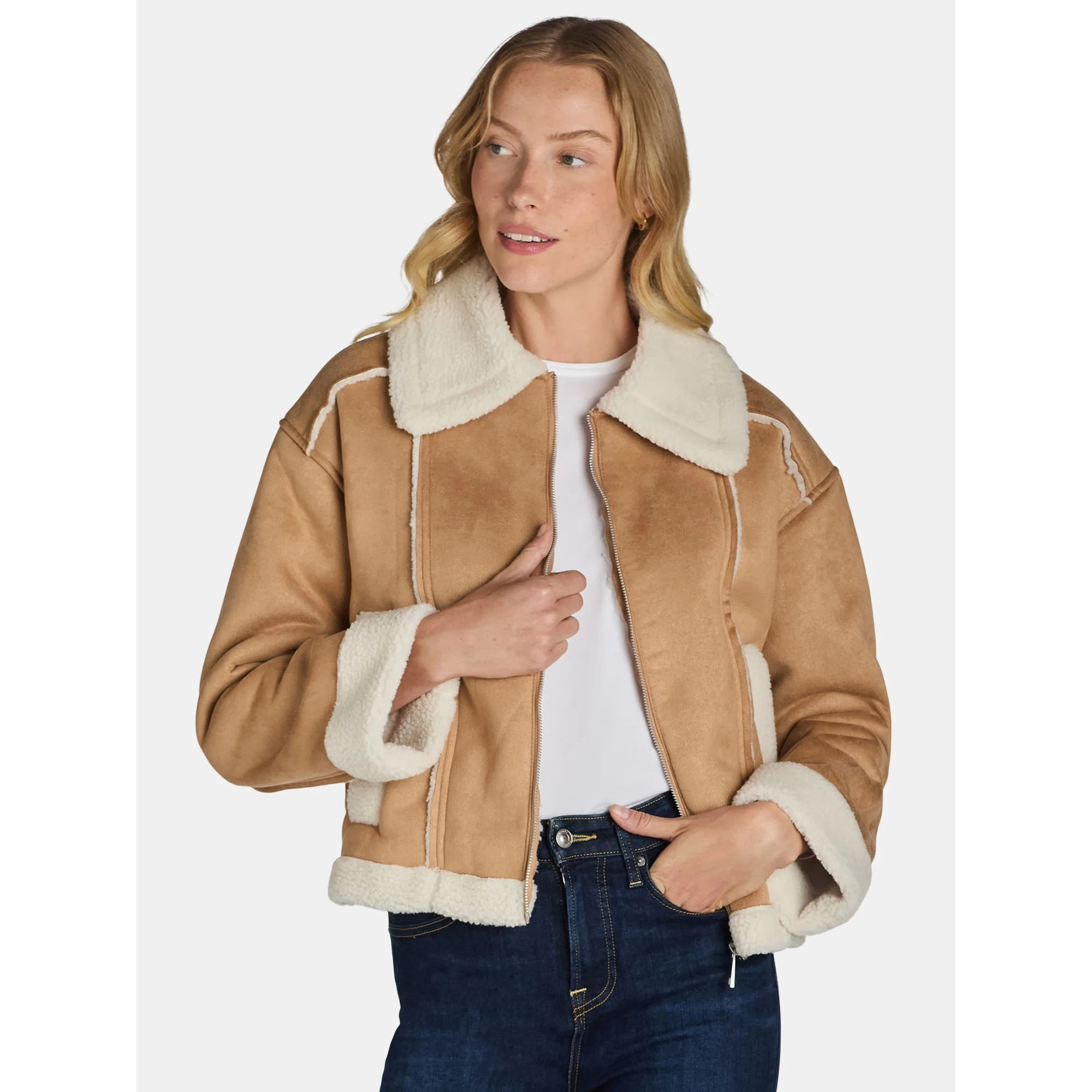 Time and Tru Women's and Women's Plus Bonded Faux Shearling Bomber Jacket, Sizes XS-3X | Walmart (US)