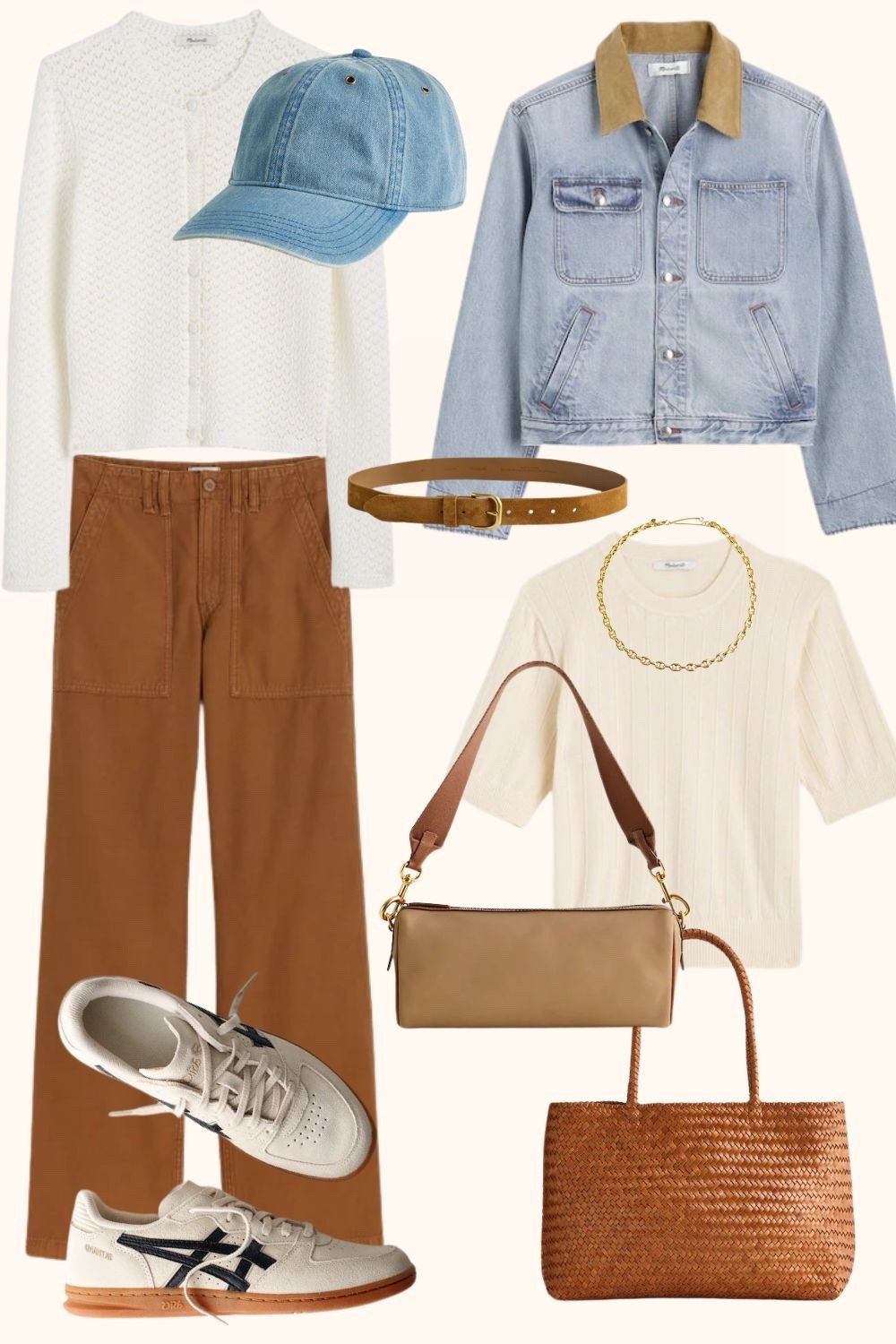 **Fall Edit** — Fall wardrobe I don’t have (yet) but would absolutely add to cart @Madewell 🤎

Neutral Fall tops + baggy pants are giving all the cozy autumn vibes. Add a denim jacket, neutral cardigan sweater + a shoulder bag, cute sneakers, denim baseball cap, and a warm gold chain necklace to pull it all together. ✨fall outfits women

#LTKxMadewell #LTKOver40 #LTKPetite