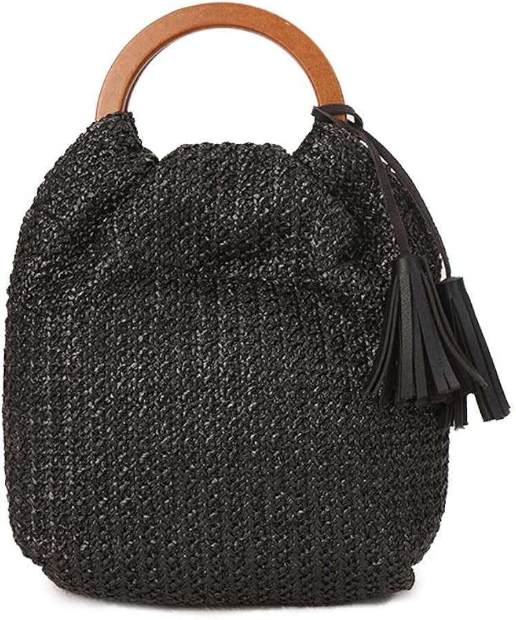 Hand-woven Large Straw Tote Bag with Black Leather Tassels Boho Brown Wooden Round Handle Tote Re... | Amazon (US)
