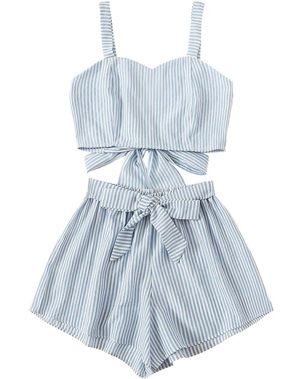 SweatyRocks Women's 2 Piece Outfits Summer Sleeveless Tie Back Crop Cami Top and Shorts Set | Amazon (US)