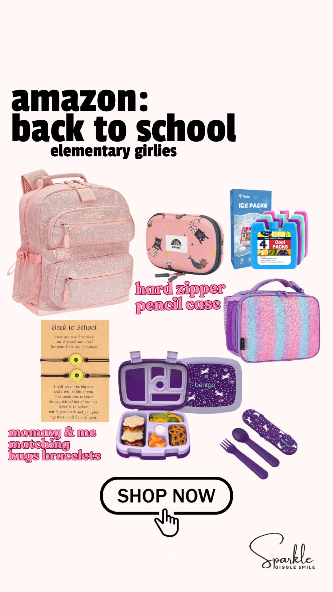 Get ready for your elementary schoolers first day of school with these must-have back-to-school essentials! 🌟 From a sparkly backpack and matching lunch box to an adorable bento box with silverware and ice packs, we've got all the gear to keep your little one organized and excited. Don't miss out on our special first day 'hug' reminder bracelet, perfect for matching with mom and easing those first-day jitters. #BackToSchool #KindergartenEssentials #MomAndMe #FirstDayOfSchool #SchoolSupplies #ParentingTips #kindergarten #kindergartener  

#LTKFamily #LTKKids #LTKBacktoSchool