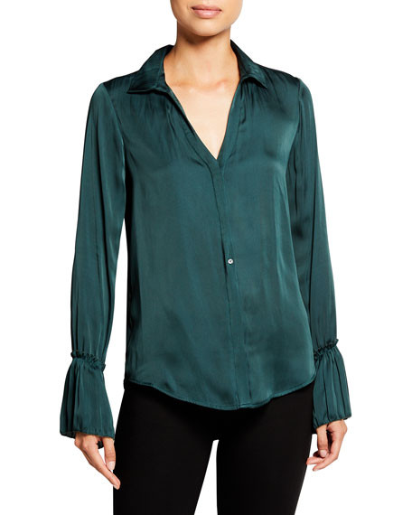 PAIGE Abriana Pleated-Sleeve Satin Shirt | Neiman Marcus