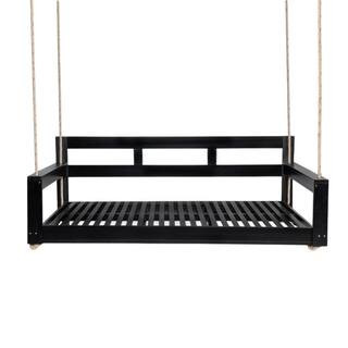 Black 2-Person Acacia Wood Porch Swing Bed with High Back and Armrests and 118 in. Hemp Ropes | The Home Depot