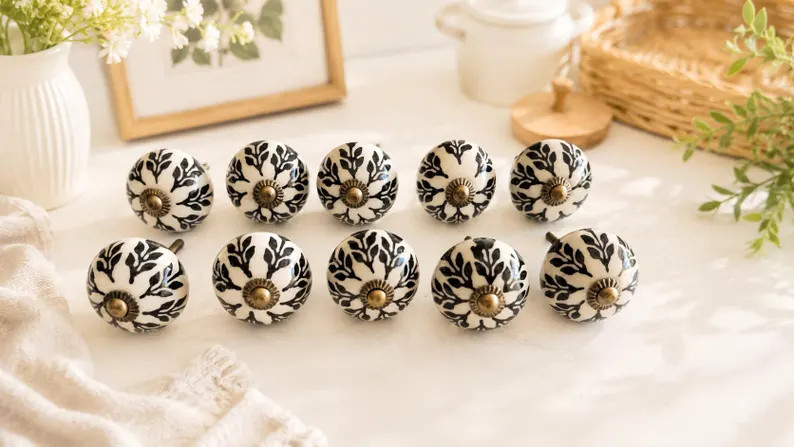 Black and White Floral Ceramic Cabinet Knobs, Decorative Drawer Pulls for Kitchen Cabinets and Dr... | Etsy (Global)