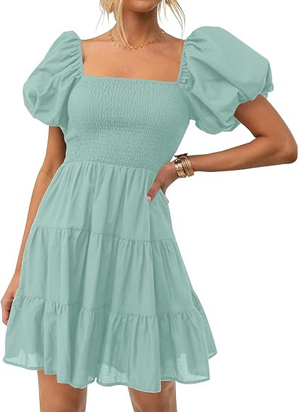 ZESICA Women's 2024 Boho Summer Square Neck Puff Sleeve Off Shoulder Smocked Tiered Casual A Line... | Amazon (US)