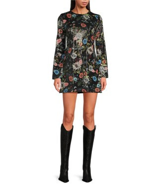Odette Floral Sequin Crew Neck Long Bell Sleeve A-Line Mini Dress | Dillard's