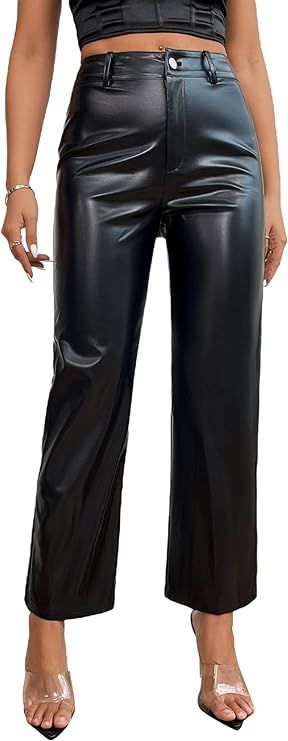 WDIRARA Women's High Waist PU Leather Straight Leg Casual Solid Long Pants | Amazon (US)