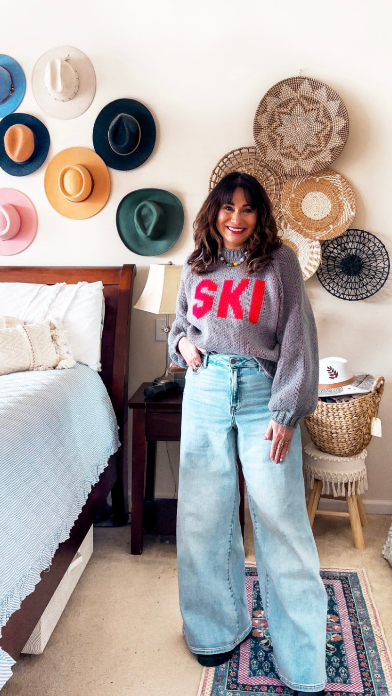 Ski chunky knit sweater I’m wearing a small sized down one in jeans!
❤️❄️

Wide leg light wash denim// ski sweater 

#LTKSeasonal #LTKOver40 #LTKootd