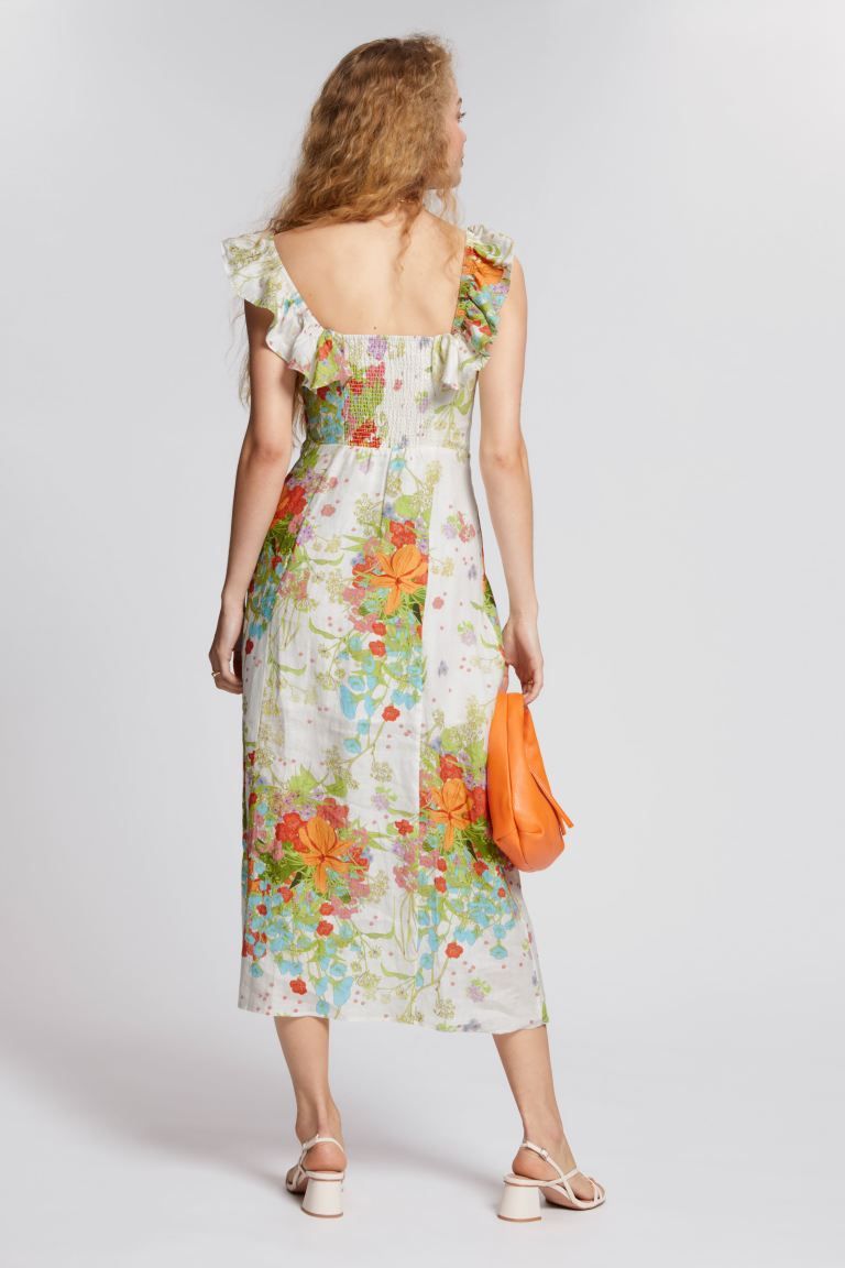 Ruffle Neck Linen Midi Dress | H&M (UK, MY, IN, SG, PH, TW, HK)