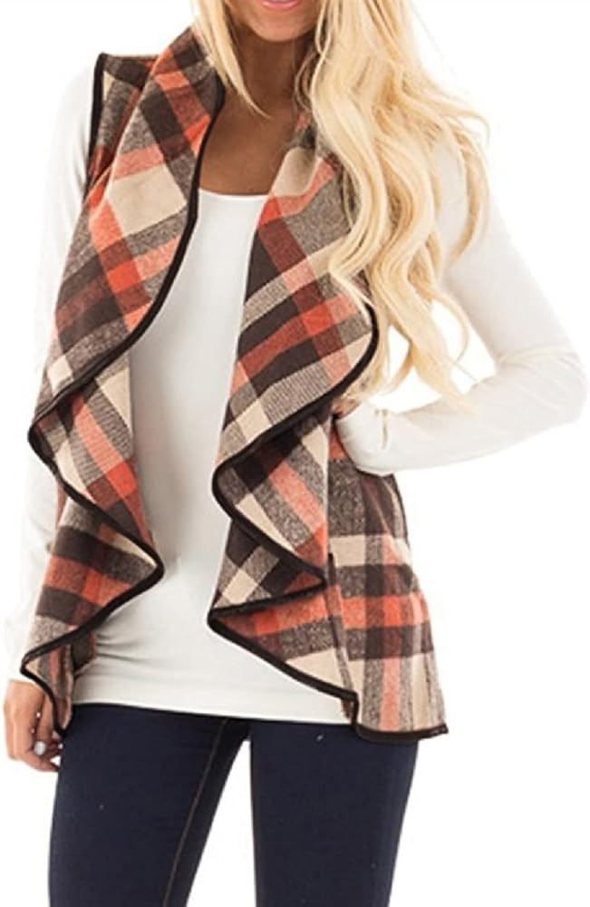 YACUN Women Vest Lapel Open Front Buffalo Plaid Sleeveless Cardigan Jacket Coat with Pockets | Amazon (US)