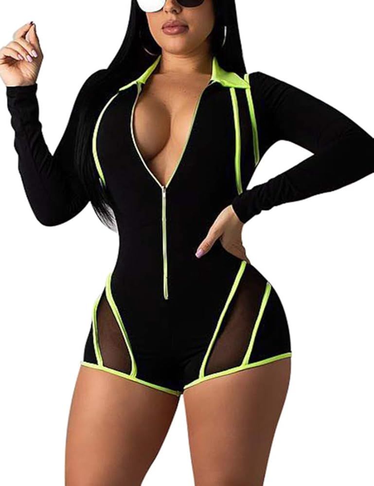 Mokoru Women's Sexy One Piece Bodycon Romper Club Outfits Front Zipper Shorts Jumpsuit | Amazon (US)