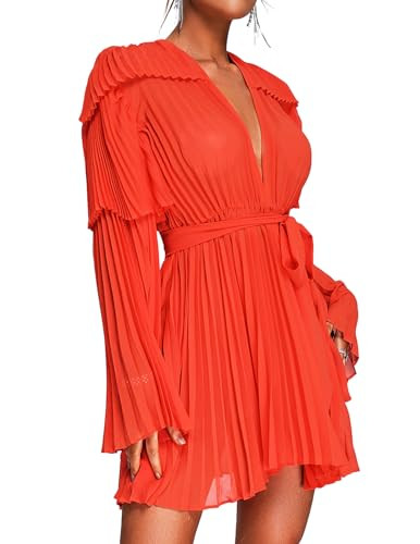 BELLA BARNETT Fashion Mini Orange Chiffon Trendy Pleated Dress Sexy with Long Flare Cocktail Dres... | Amazon (US)