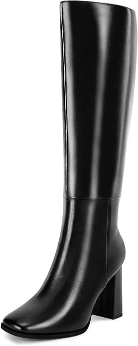 Coutgo Womens Wide Calf Knee High Boots Chunky High Heel Square Toe Fashion Leather Shoes with Si... | Amazon (US)