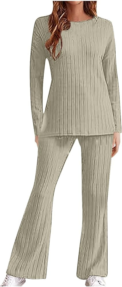 Two Piece Casual Sets For Women Fall Ribbed Knit Outfits Long Sleeve Comfy Pullover And Long Pant... | Amazon (US)
