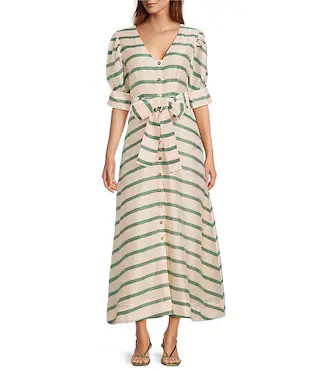 Buru Deep V-Neck Short Puff Sleeve Full Button Front A-Line Midi Dress | Dillard's | Dillard's