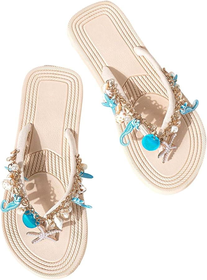 MakeMeChic Women's Seashell Starfish Summer Beach Shoes Open Toe Boho Flip Flops Flat Sandals | Amazon (US)