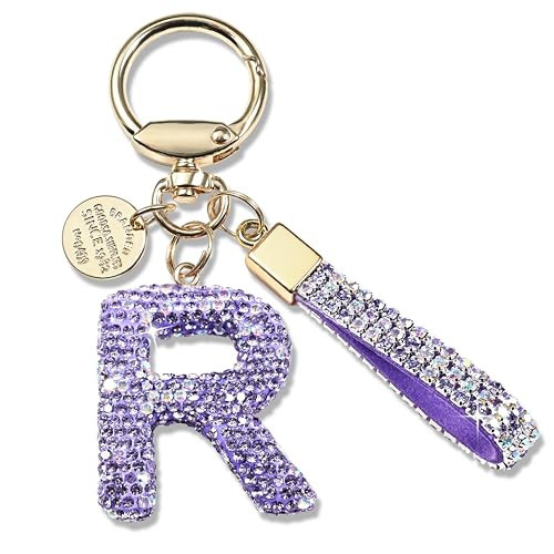 Pink Blue White Initial Letter Keychain Gift for Women Girls Bling Sparkly Cute Backpack Car Key Accessories Lanyard (R-purple) | Amazon (US)
