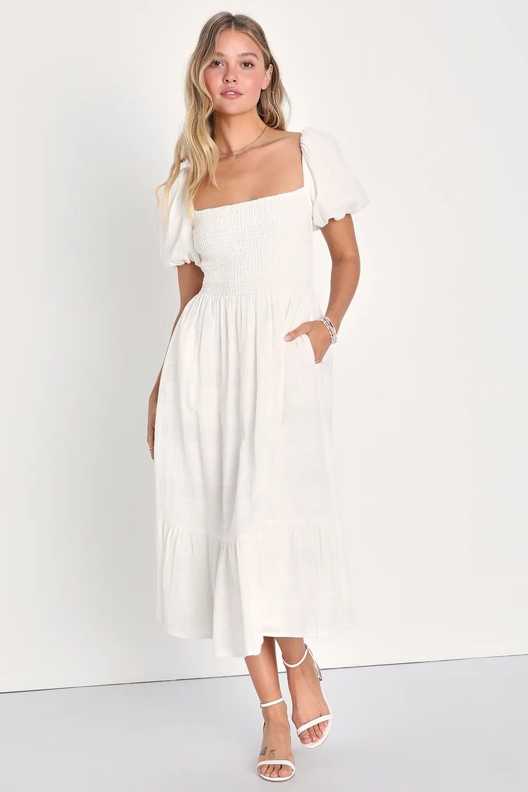 Budding Charm White Smocked Puff Sleeve Midi Dress With Pockets | Lulus