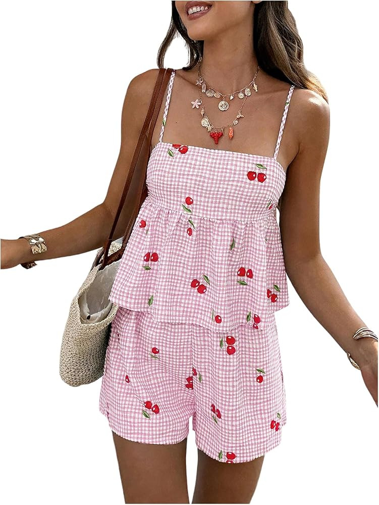 WDIRARA Women's 2 Piece Set Gingham Cherry Print Babydoll Camisole Shorts Set Summer Outfits | Amazon (US)