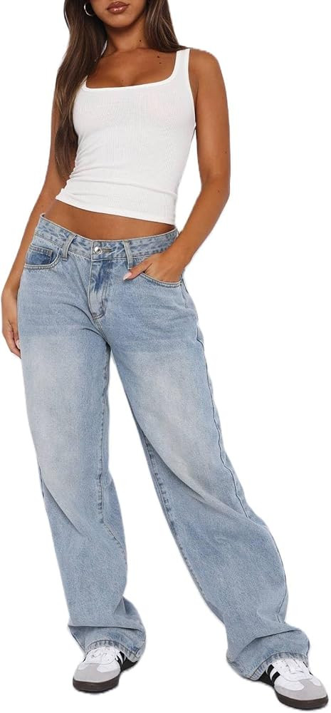 Women Y2k Low Rise Baggy Jeans Vintage Boyfriend Loose Fit Straight Wide Leg Jeans Casual Long De... | Amazon (US)