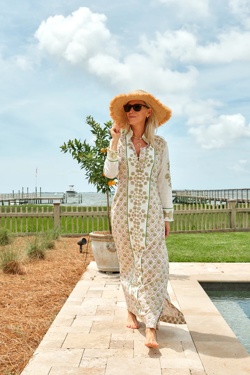 FINAL SALE Banded-Collar Long Kaftan | Peridot/Soft Coral Scallop Shel | SUE SARTOR
