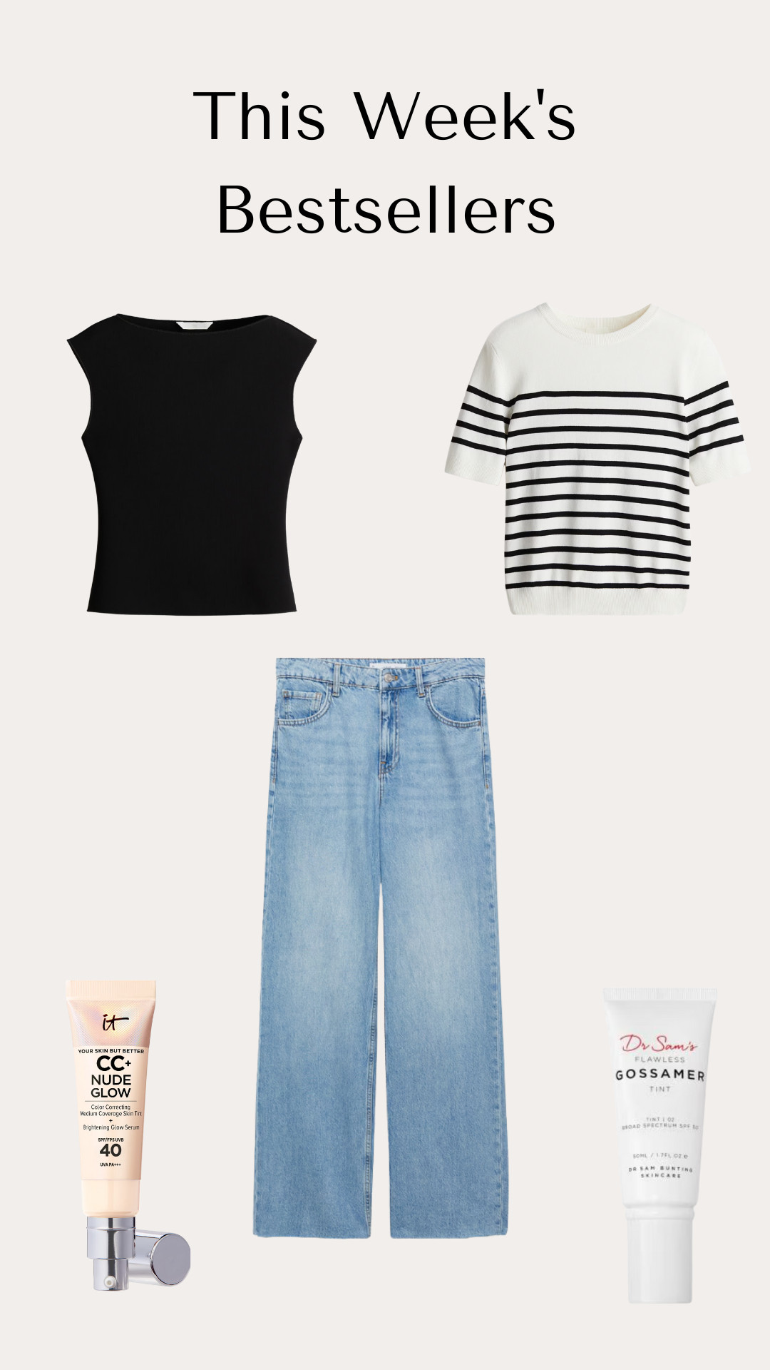 This Week's Bestsellers, Fine-knit top, Boat-neck top, High-rise jeans, Nude Glow Lightweight Foundation, DR SAM'S Flawless Gossamer, H&M, MANGO, Sephora 

 #LTKuk #LTKstyletip