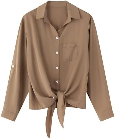 Dauocie Women's Tie Front Tops Casual Roll Up Sleeve Button Down Shirts with Pocket | Amazon (US)