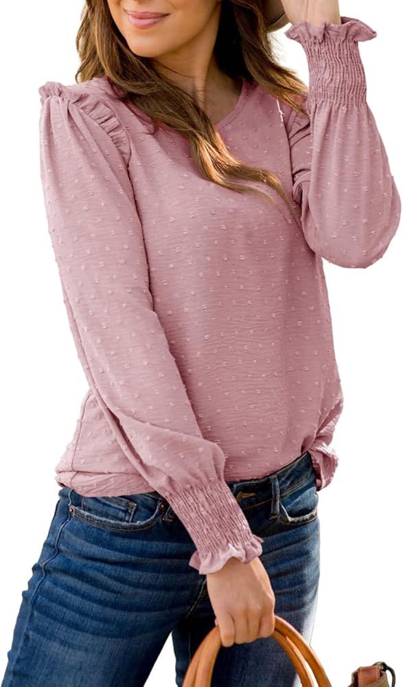 Meilidress Women's Crewneck Ruffle Trim Loose Blouse Swiss Dot Solid Color Long Sleeve Top Shirt | Amazon (US)
