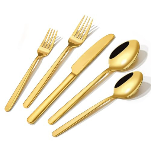 KINGSTONE Gold Silverware Set, 40 Piece Flatware Cutlery Set for 8, 18/10 Stainless Steel Silverware Mirror Polished Dishwasher Safe for Home, Restaurant, Wedding, Party(Gold, 40 pieces for 8) | Amazon (US)