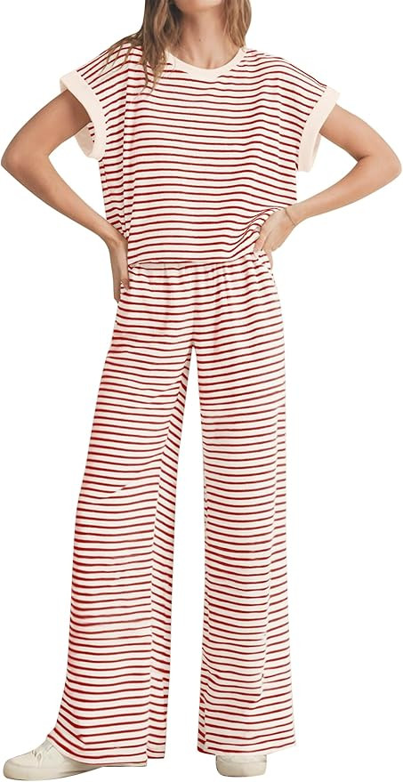 MISSACTIVER Womens Lounge Stripe 2 Piece Sets Short Sleeve T Shirts Wide Leg Pants Casual Summer ... | Amazon (US)