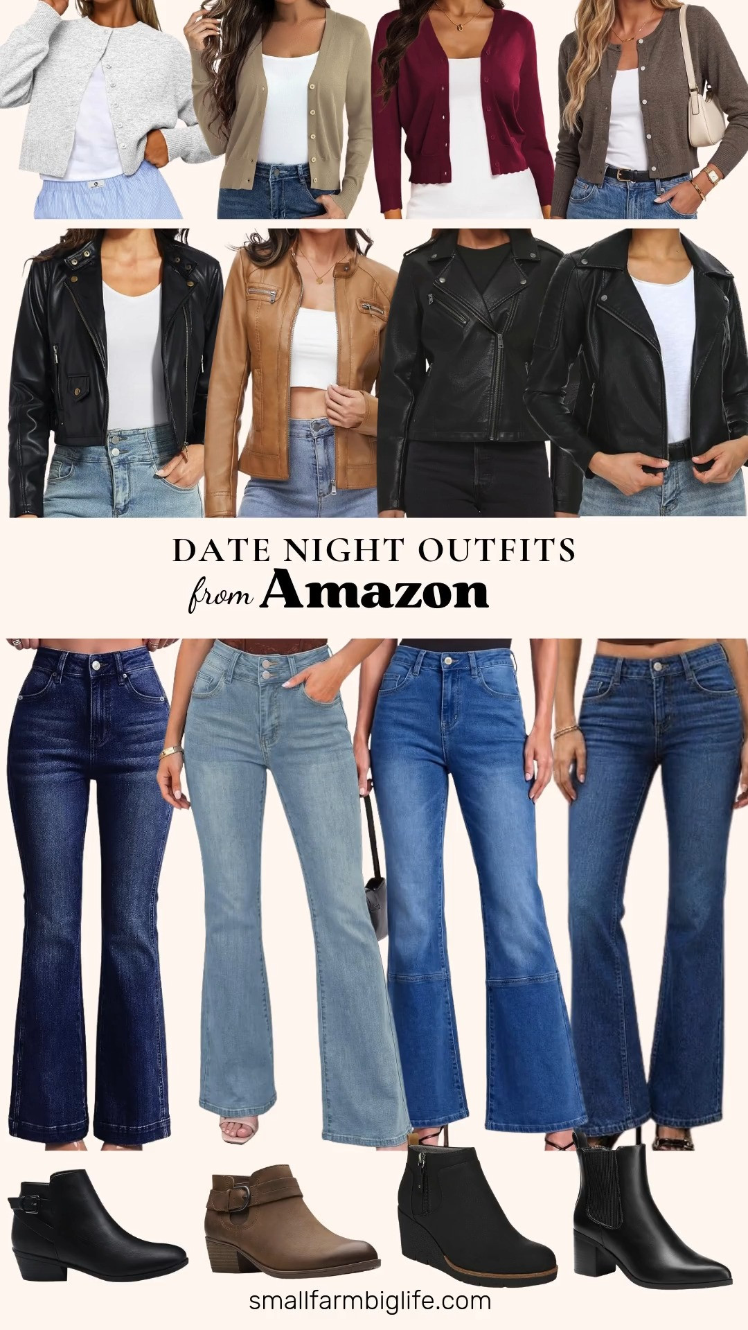 🍂 Date Night Outfits From Amazon

A casual date night outfit can be as easy as bootcut jeans, a cropped cardigan, and a faux leather jacket, and these Amazon finds put it all together. For jeans, choose medium blue high waisted bootcuts with a seam front, dark blue bell bottoms, dark medium blue knit denim flares with four way stretch, or light blue shaping bootcut jeans. A cropped cardigan pairs perfectly with high waisted jeans, in grey, a burgundy three quarter sleeve shrug, camel heather, or coffee heather wool blend. Top it off with a faux leather moto jacket: a classic black fitted style, a camel stand collar jacket, or the black Levi's asymmetrical zip moto jacket that comes in regular and plus sizes. For comfortable fall shoes, try black heeled Chelsea boots, Dr. Scholl's black wedge ankle booties with a cushioned footbed, brown ankle boots from Clarks, or black low heel western booties with memory foam. These relaxed pieces make easy date night outfits for women over 50, and they're just as easy to wear for dinner with friends, concerts, and fall weekends.

#amazonfashion #amazonfinds #datenightoutfit #leatherjacket #bootcutjeans 

 #LTKgrwm #LTKootd #LTKOver40