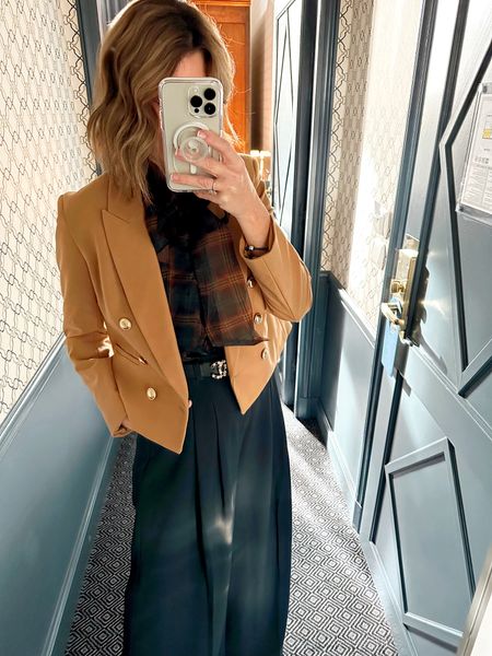 What I wore in Paris (October) Peak lapel cropped blazer medium // current air plaid blouse size small// Maeve pleated wide leg trousers size 4// 

#LTKtravel #LTKstyletip #LTKworkwear