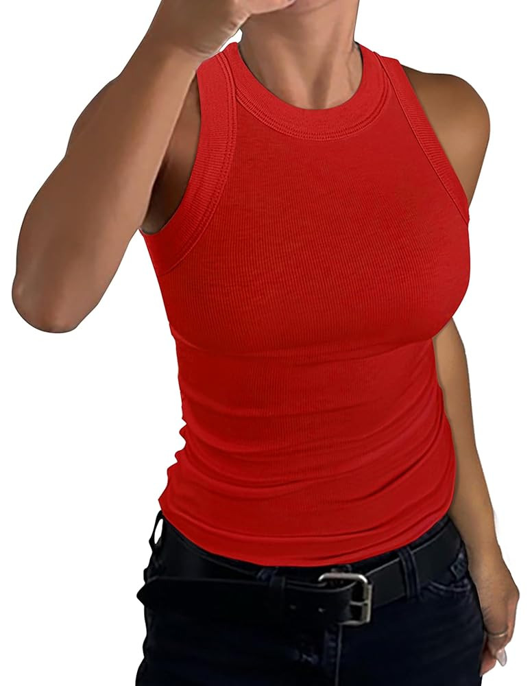 GEMBERA Womens Sleeveless Racerback High Neck Casual Basic Cotton Ribbed Fitted Tank Top | Amazon (US)
