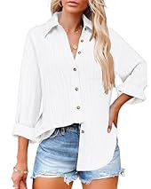 HOTOUCH Button Down Shirt Women Casual Loose Long Sleeve Blouse Fit Drop Shoulder Blouse with Pocket White L | Amazon (US)