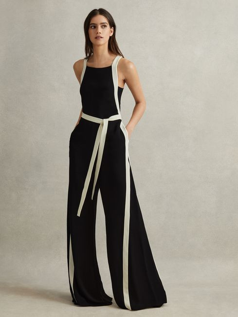 Reiss Black/White Salma Contrast Trim Belted Jumpsuit | Reiss US