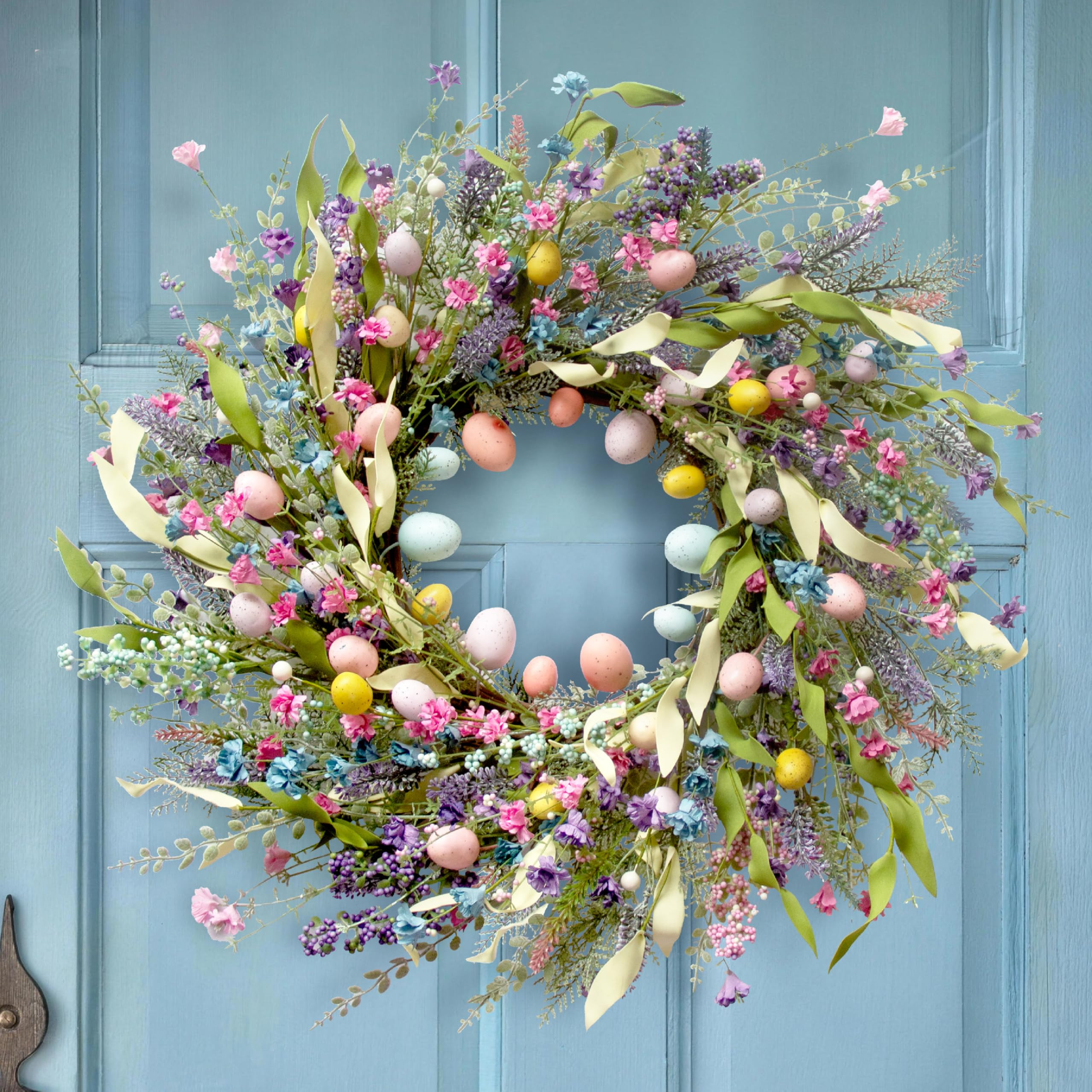 24 Inch Spring Easter Wreath with Colorful Eggs & Wildflowers – Artificial Holiday Front Door W... | Amazon (US)