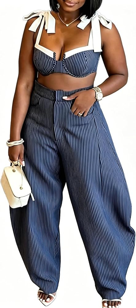 Travel Outfits for Women 2 Piece Sets Sexy Trendy Bow Tie Shoulder Strap Crop Top and Wide Leg Pa... | Amazon (US)