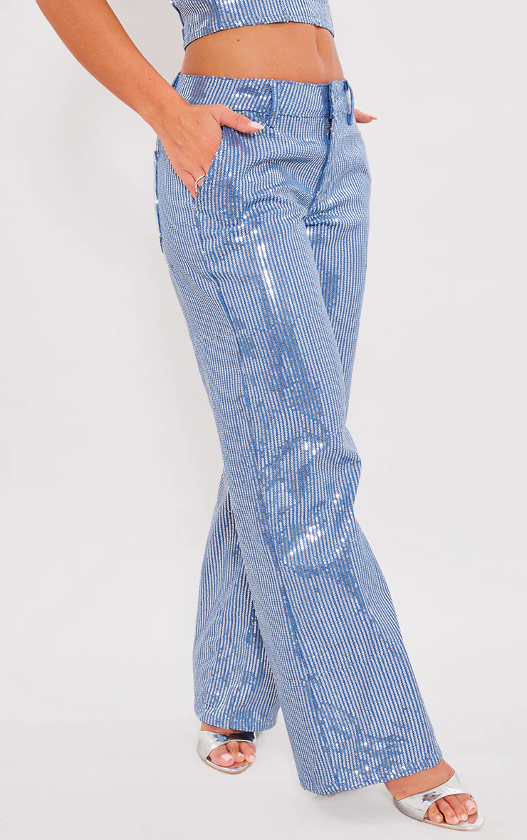 Light Blue Wash Sequin Wide Leg Jean | PrettyLittleThing UK